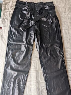 Oppa Black Faux Leather Paperbag Waist Pants Woman's Size 2X
